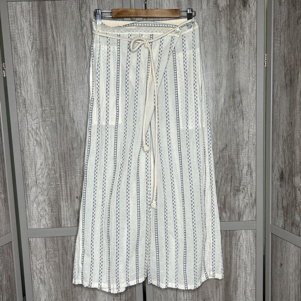 Striped Wide Leg Linen-Blend Pants in Cream & Blue